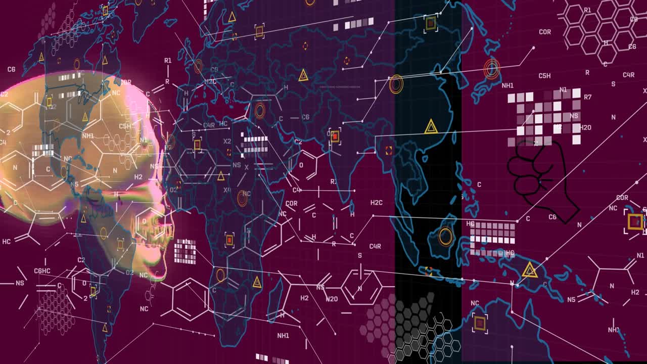 Animation of globe with network of connections over geometric world map