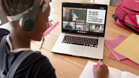 Composition-of-african-american-schoolgirl-on-laptop-online-learning-with-teacher-and-schoolchildren