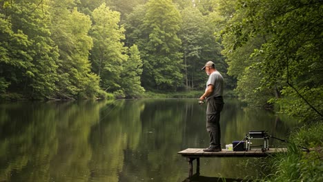 A man fishing on a wooden dock in a serene lake surrounded by a lush green forest