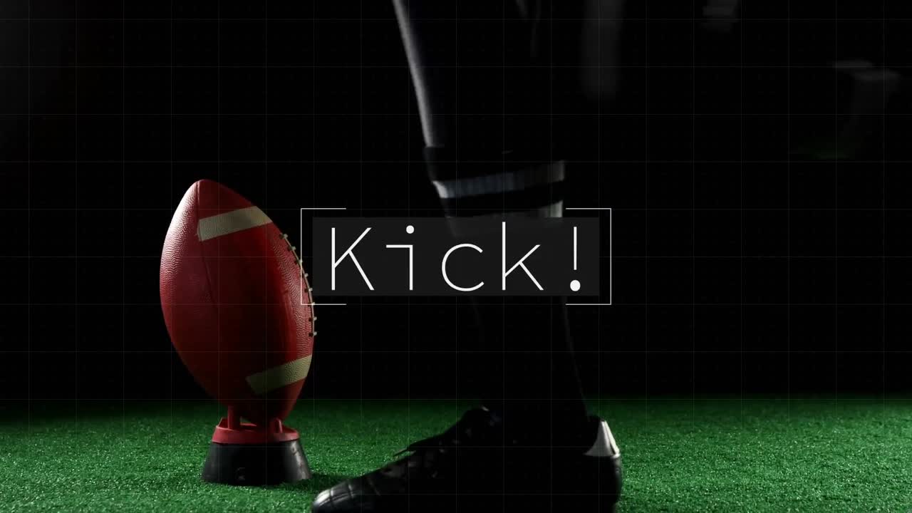 Animation of kick text in white, with foot kicking rugby ball on black background