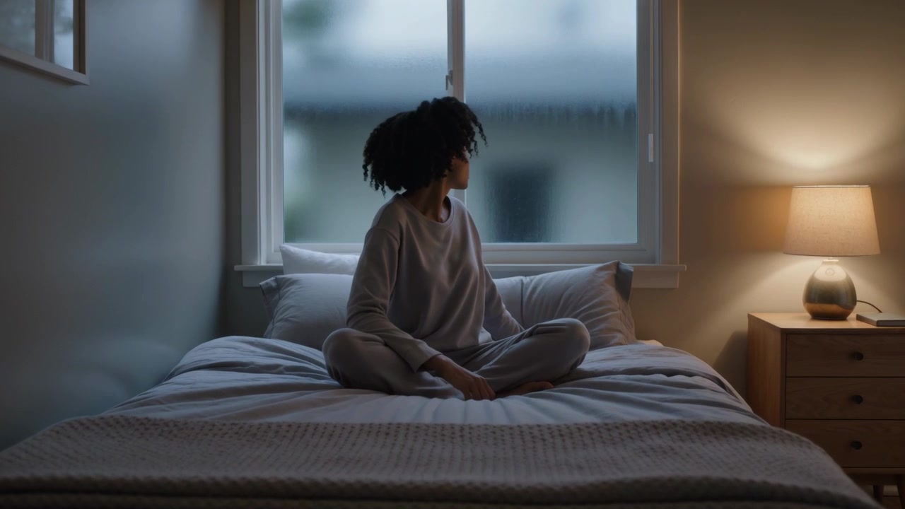 Glancing woman in loungewear shifting torso and scanning bedroom window on bed, with lit lamp