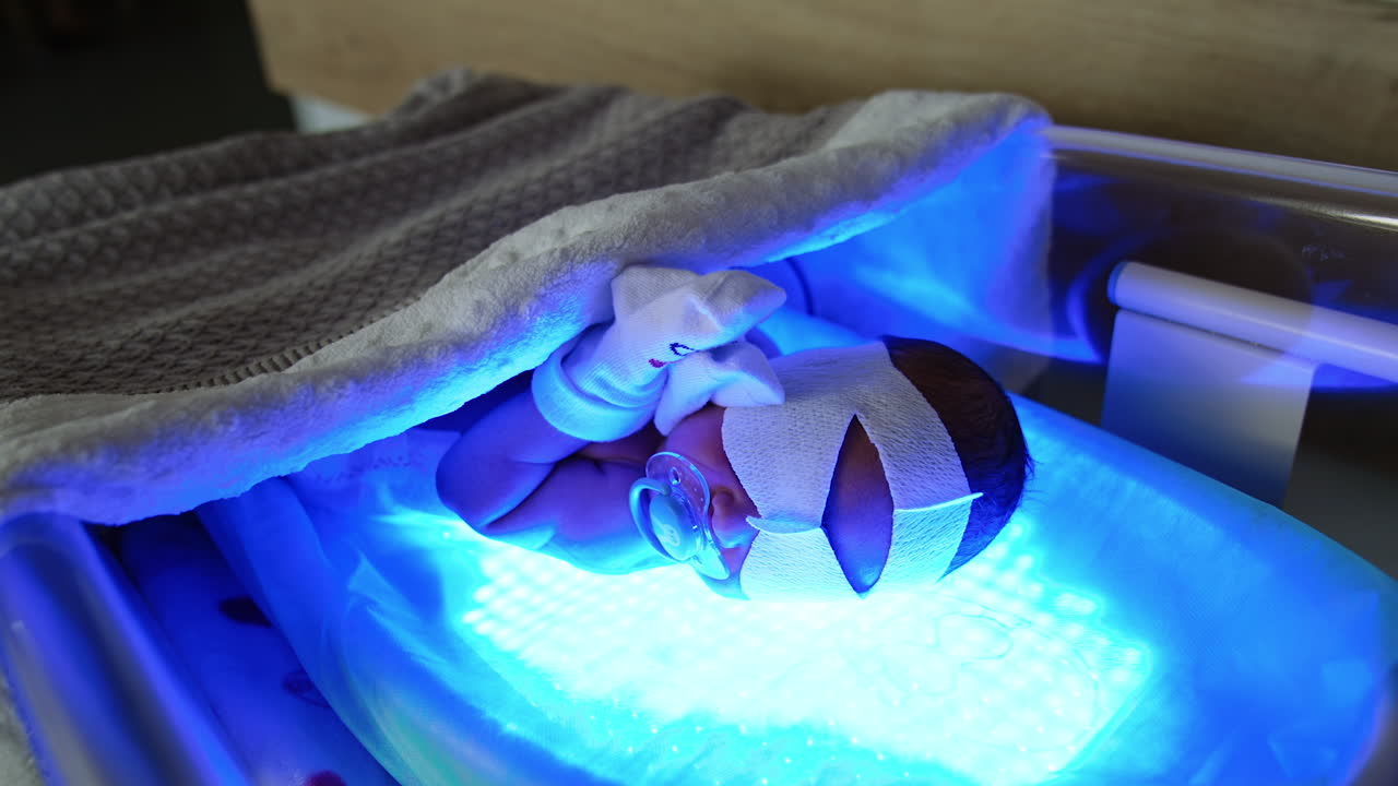 Jaundice treatment of a baby in the maternity hospital. Little newborn lies in his bed on the ultraviolet lamp.