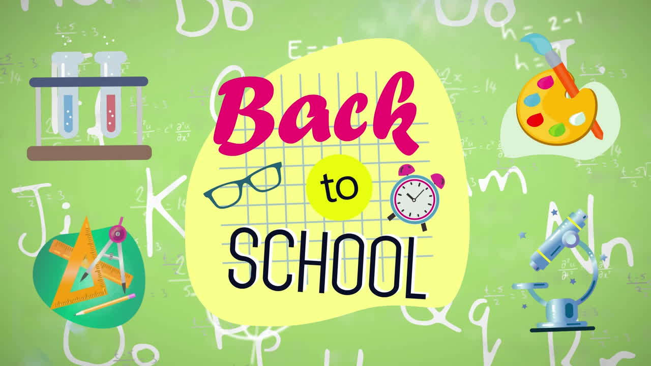 수학적 그림 위에 있는 학교 복귀 텍스트와 아이콘의 애니메이션