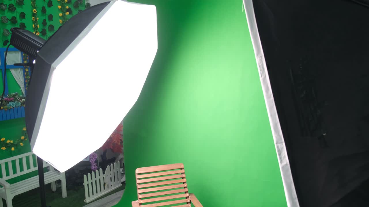 estudio de fotos o video con dos luces de estudio hexagonal. pantalla verde y silla fija
