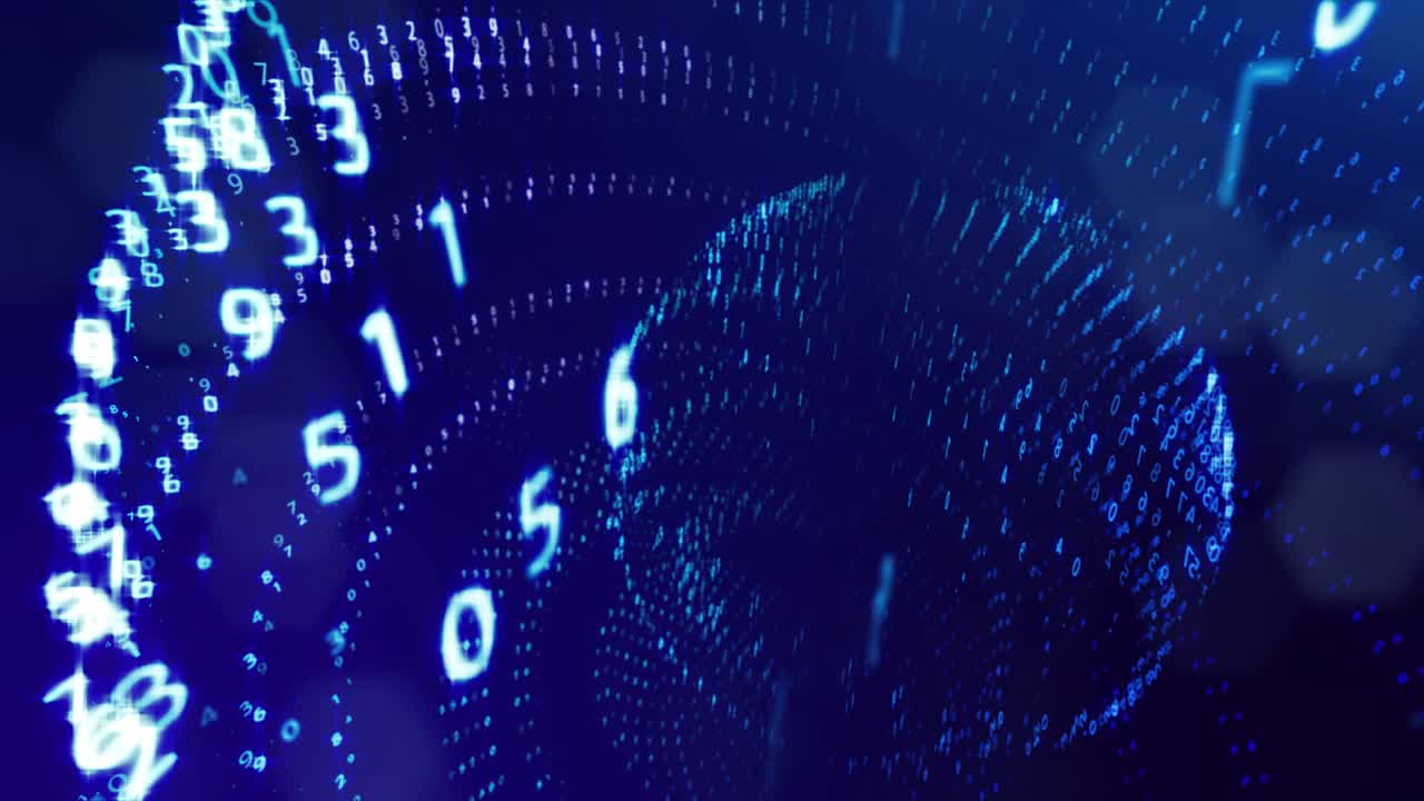 fondo de bucle 3d, concepto de procesamiento de datos digitales, cálculo y visualización de la computación. contadores de números en filas de líneas en esferas. información digital azul bg con números. bg de ciencia ficción.