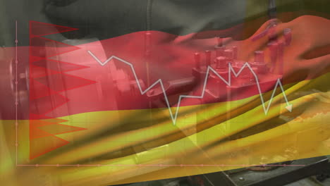 animation of red diagram, data processing and flag of germany over working device