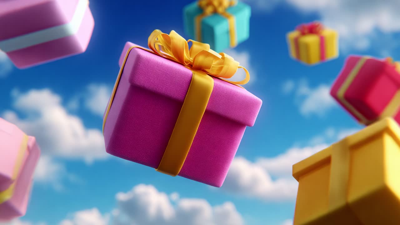 Floating gift boxes with colorful ribbons are scattered across a blue sky filled with fluffy white clouds, creating a cheerful and whimsical atmosphere that evokes a sense of celebration and joy