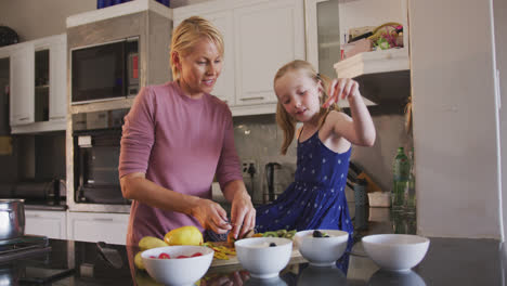 side view of caucasian woman cooking with her daughter at home