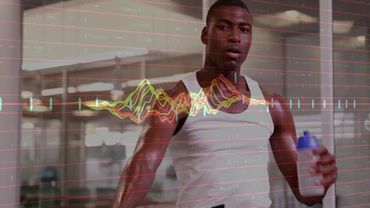 Workout start athlete pedaling bike, with fitness waveform pulsing then flattening during water sip