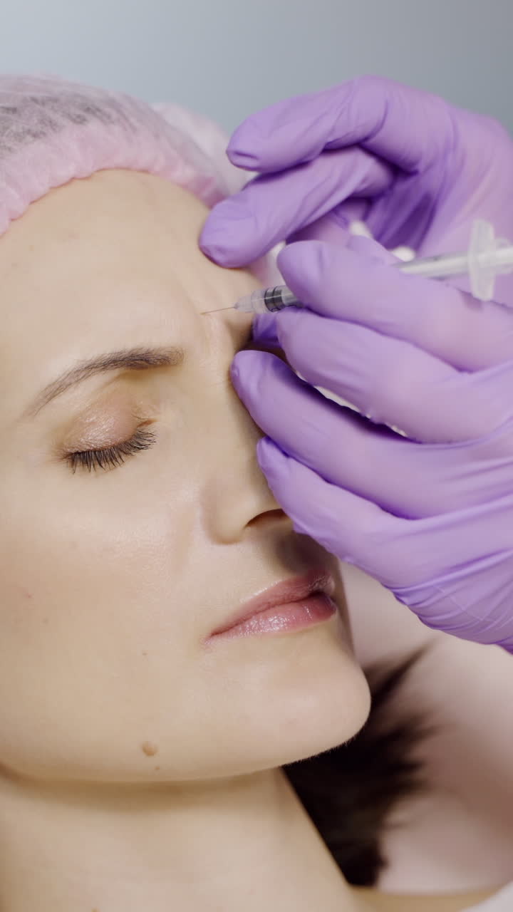 Beautician gently makes Botox using a needle for the client. Preventing wrinkles. Beauty injections Vertical video