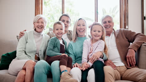 big family, face and smile on sofa in home