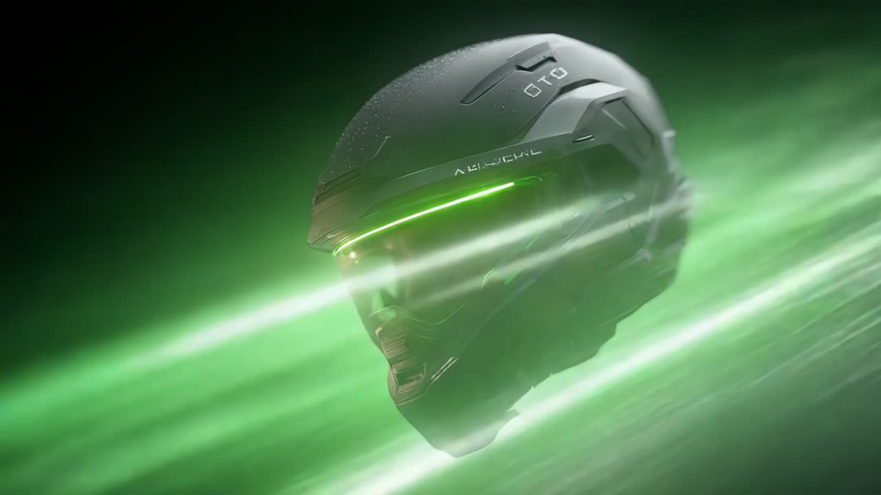 A sleek and futuristic motorcycle helmet with a glowing visor, designed for high-speed performance and safety, showcasing advanced technology in a dynamic setting