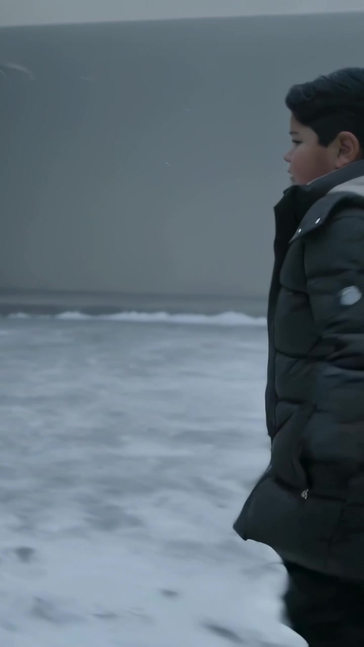 Video verticale: Ragazzo che entra con un cappotto scuro, camminando verso sinistra sulla neve accanto a un muro grigio, con spazio per il testo.