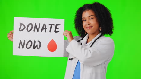 pantalla verde, mujer o médico con señal para donar