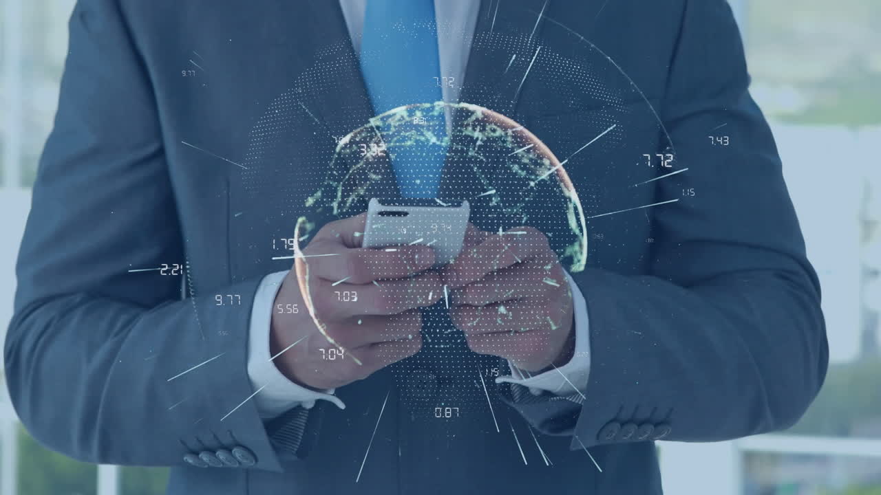 스마트 폰을 사용하는 비즈니스맨을 통해 커뮤니케이션 처리 데이터의 글로벌 네트워크의 애니메이션