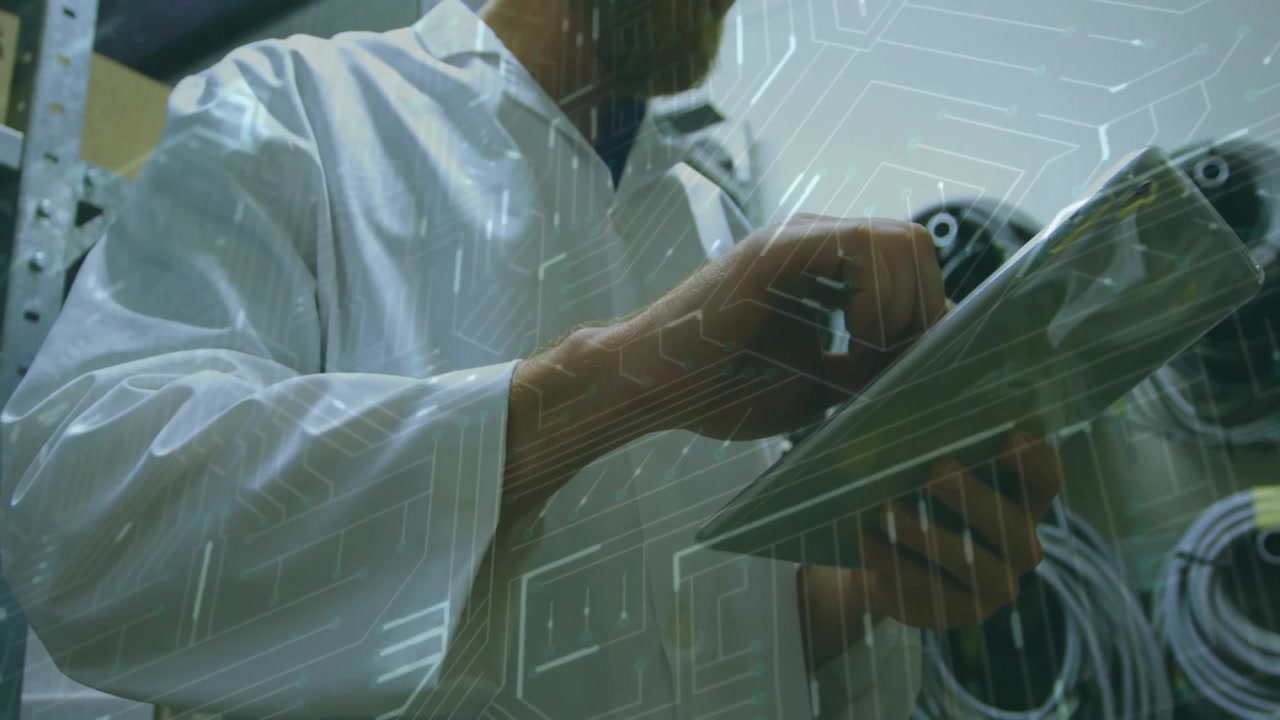 Animation of data processing over caucasian male scientist using tablet