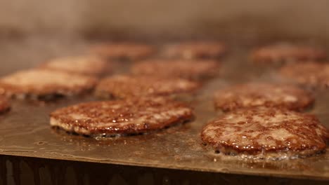 juicy beef burger patties sizzling; closeup 120fps