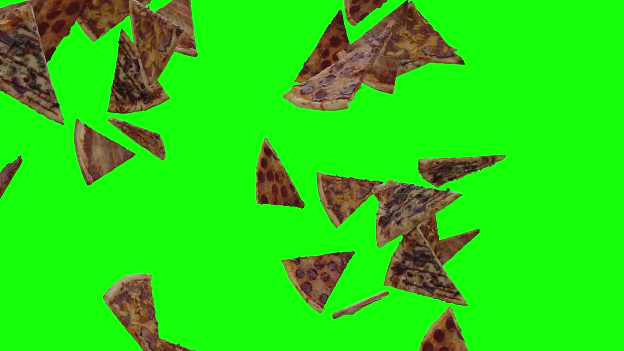 Pizze assortite che cadono su schermo verde con mascherino alfa 4K