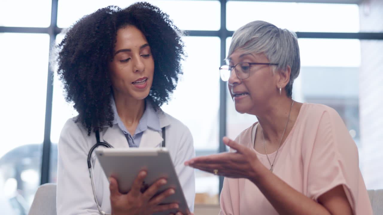 Healthcare, tablet and a woman talking to