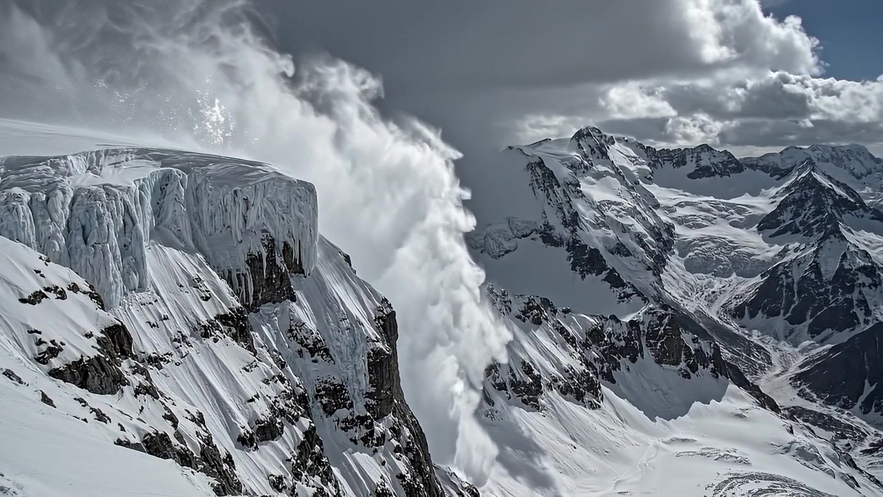 Enorme Avalanche de Neve Despencando por um Penhasco de Montanha Íngreme