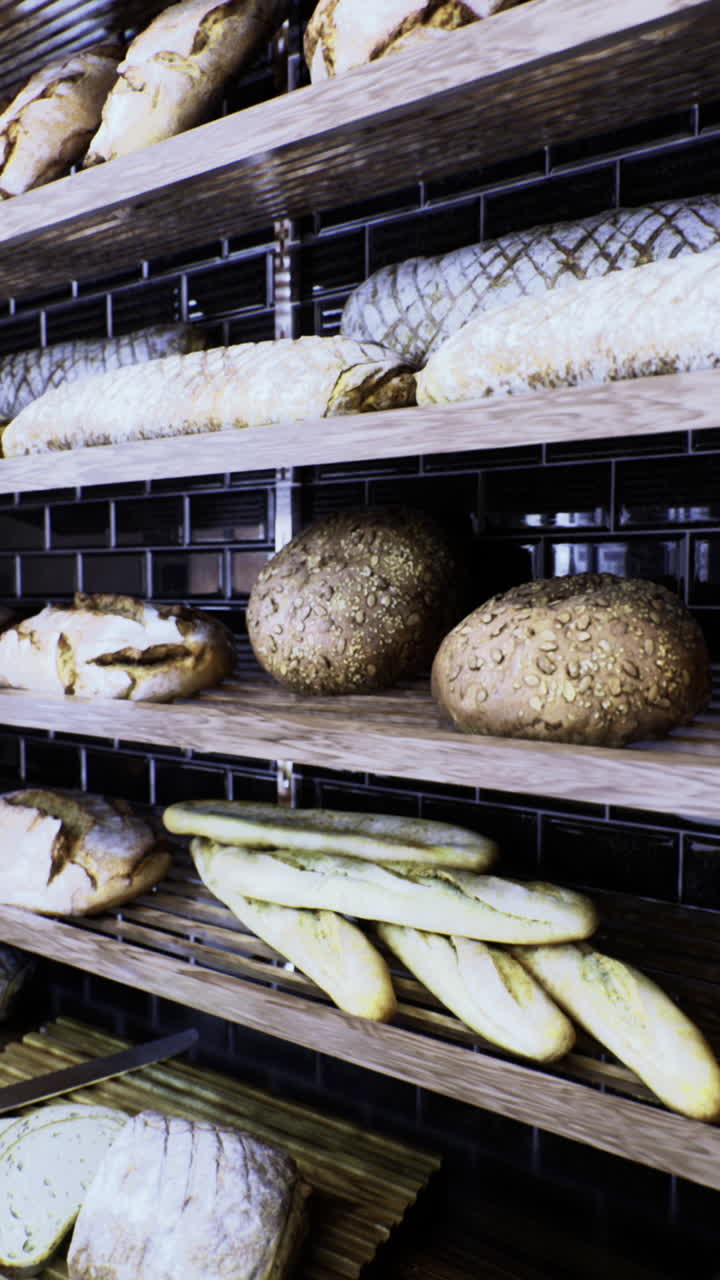 Artisan breads on rustic shelves in a cozy bakery