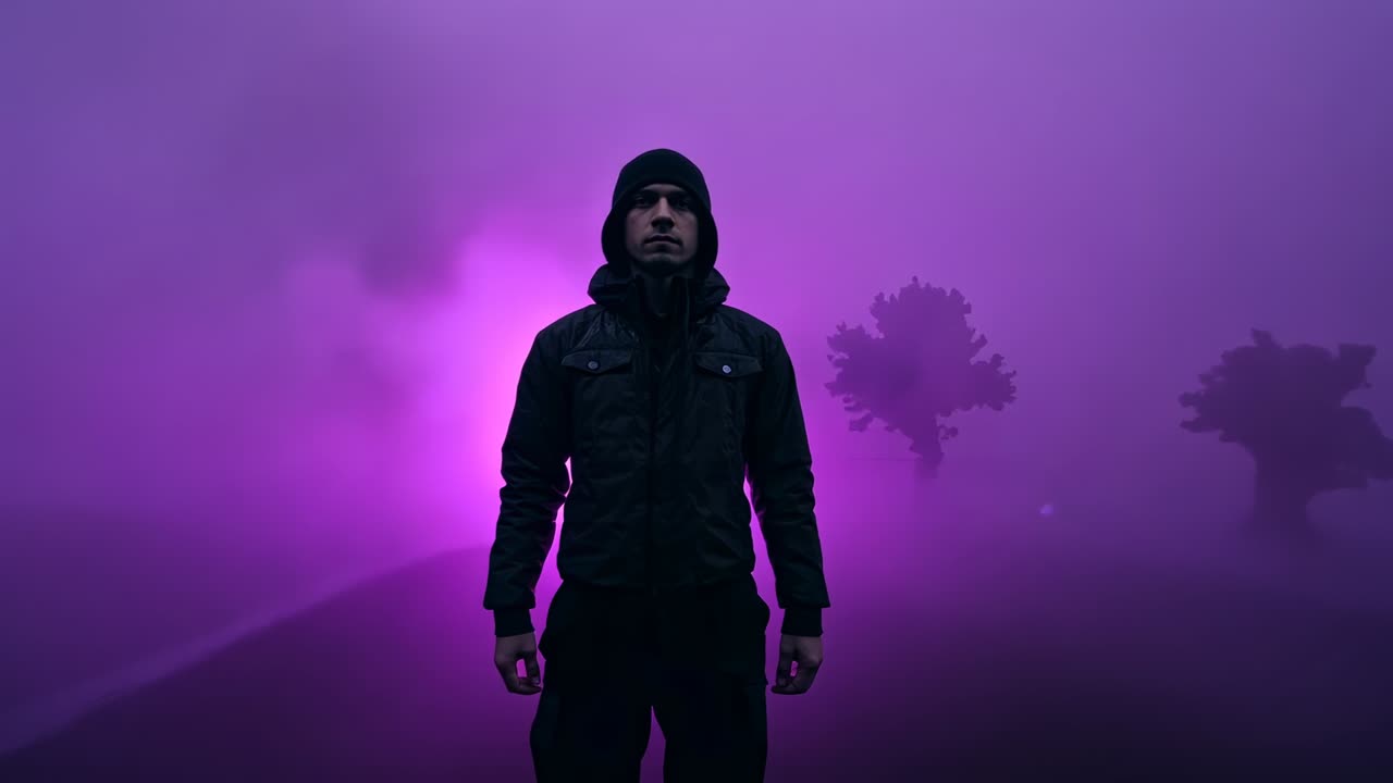 Camera pulling back, hooded man standing in misty set, backlight lit, revealing form