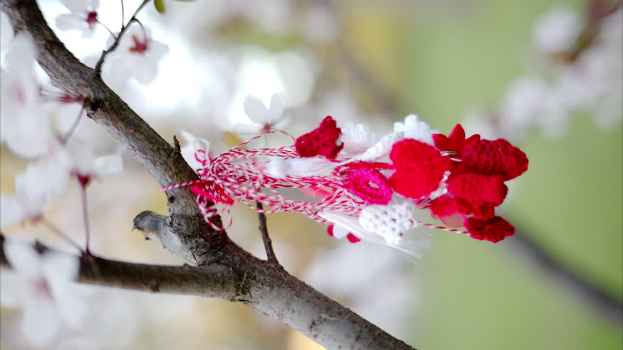 A martisor hanging on a tree branch with blooming flowers. Verical