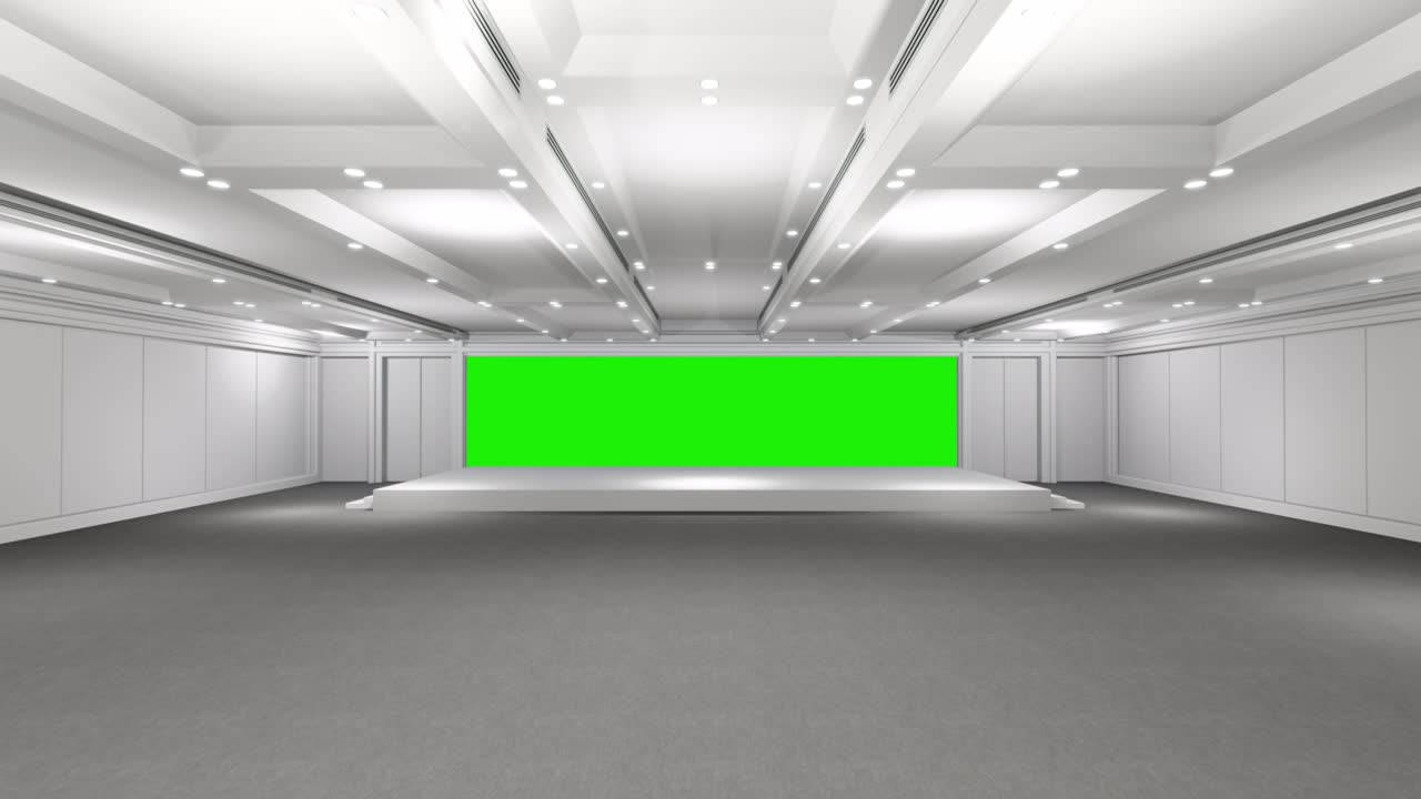 조명과 함께 빈 홀 컨벤션. 스탠드, 부스, 제품, 컨퍼런스, 온라인을위한 큰 방을위한 모션 배경. 엔터테인먼트, 콘서트, 이벤트, 스포츠, 라이브를위한 3d 배경.