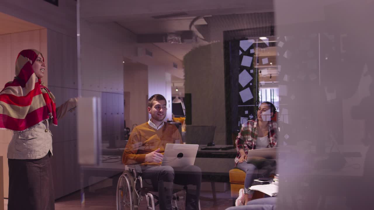 Muslim woman in a modern open space coworking office giving a presentation to team. Middle eastern Arab businesswoman in creative startup office. Disabled businessman in a wheelchair on team meeting