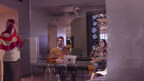 muslim woman in a modern open space coworking office giving a presentation to team. middle eastern arab businesswoman in creative startup office. disabled businessman in a wheelchair on team meeting