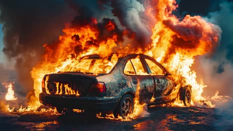 a car is engulfed by flames on the ground