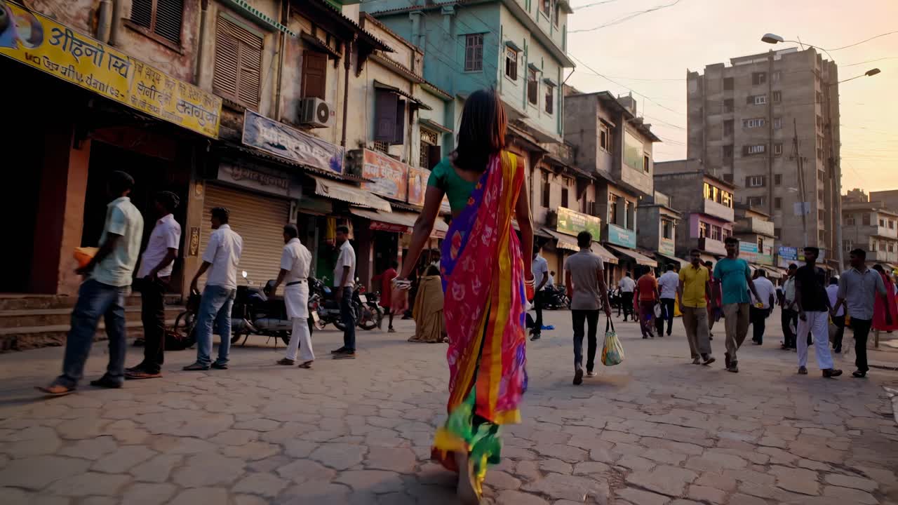 Um vídeo captura uma cena de rua movimentada ao nível dos olhos, apresentando uma mulher com vestes vibrantes caminhando.