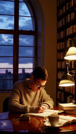 student studying in a cozy library