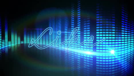 glowing neon text animation over blue equalizer bars with lens flare effect