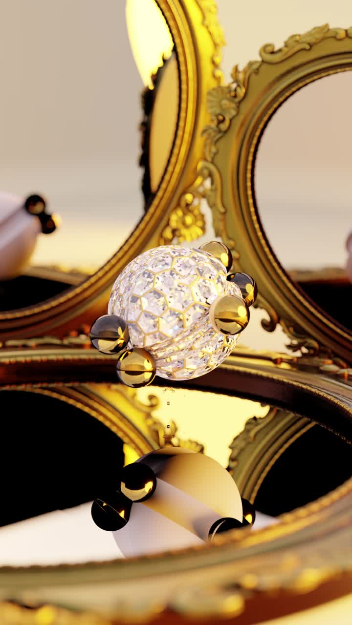 3D rendering of small shiny marble balls rolling on glittering sphere in loop
