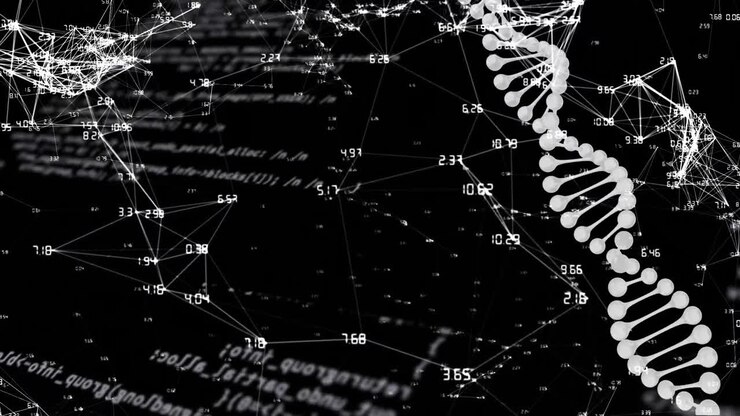 Animation of dna strand, network of connections and data processing over black background