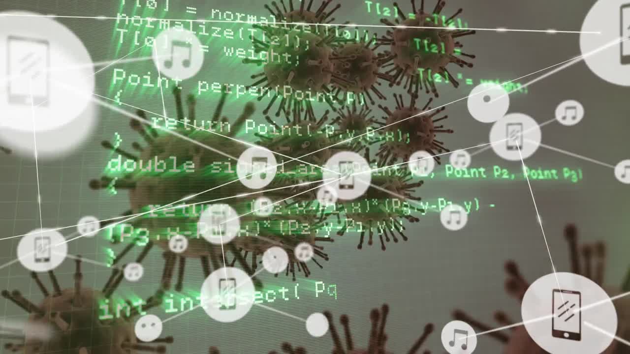 회색 배경에 있는 여러 코로나19 세포에 대한 디지털 아이콘과 데이터 처리 네트워크