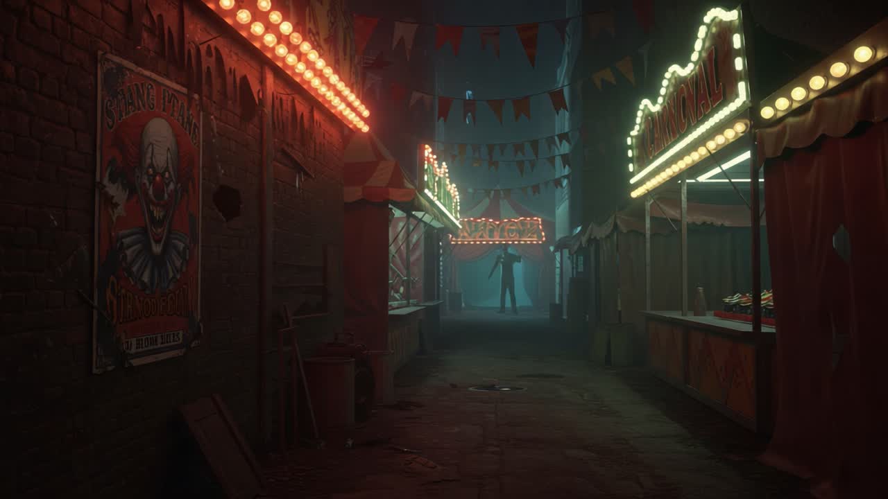 A Mysterious Carnival Scene: Shadows and Lights in an Eerie Marketplace with Creepy Decorations and a Sinister Figure Standing in the Distance