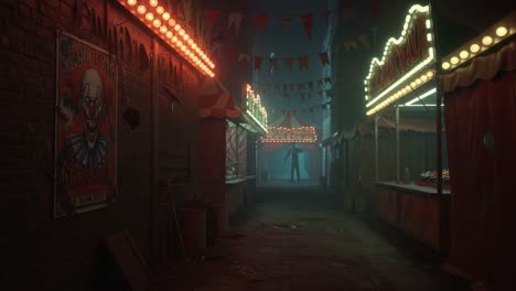 A Mysterious Carnival Scene: Shadows and Lights in an Eerie Marketplace with Creepy Decorations and a Sinister Figure Standing in the Distance