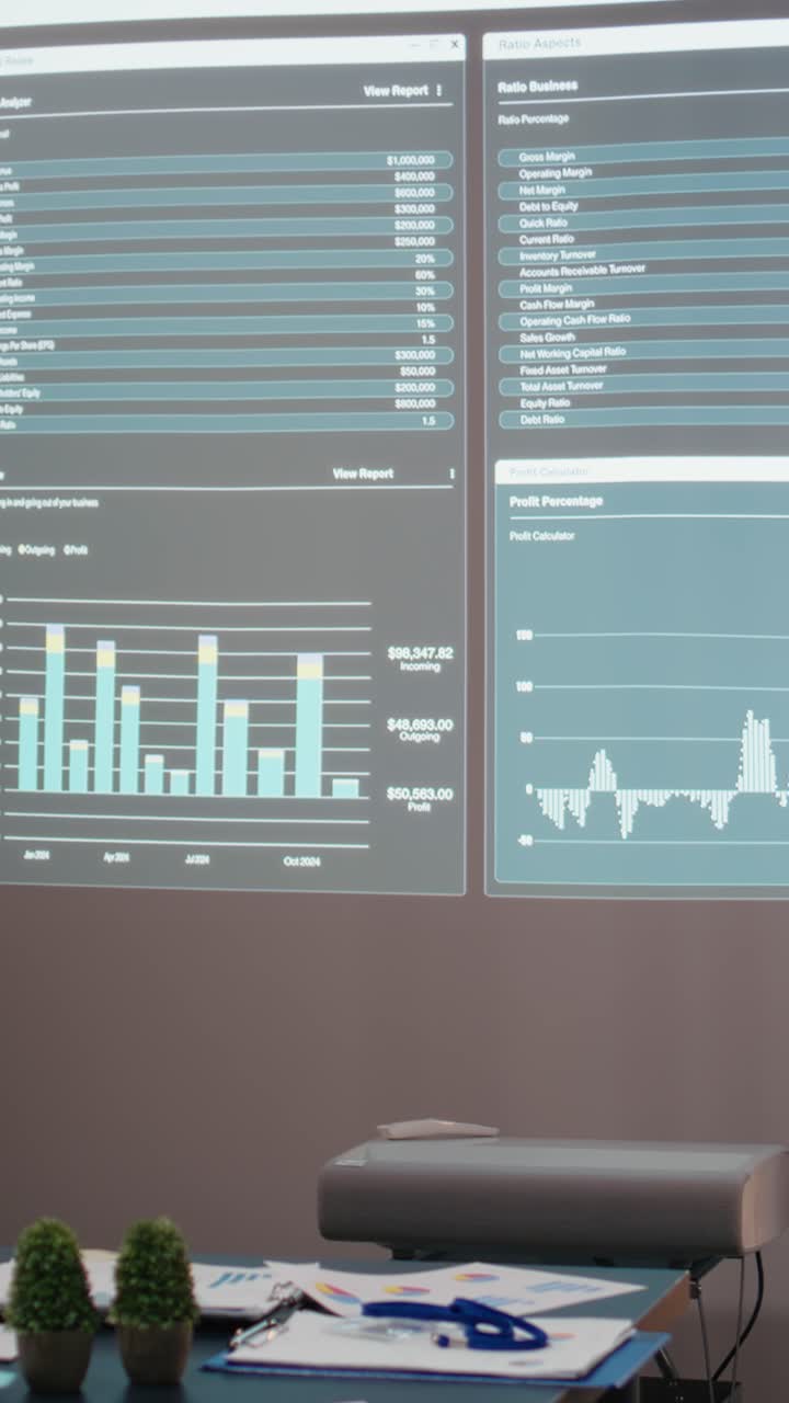 Vertical Video Empty space in a multinational company showcases data insights late at night