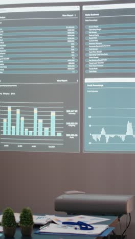 vertical video empty space in a multinational company showcases data insights late at night