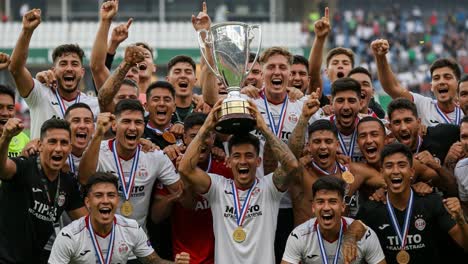 celebratory team unites as they lift championship trophy in exultation, showcasing unforgettable moment of triumph and team spirit