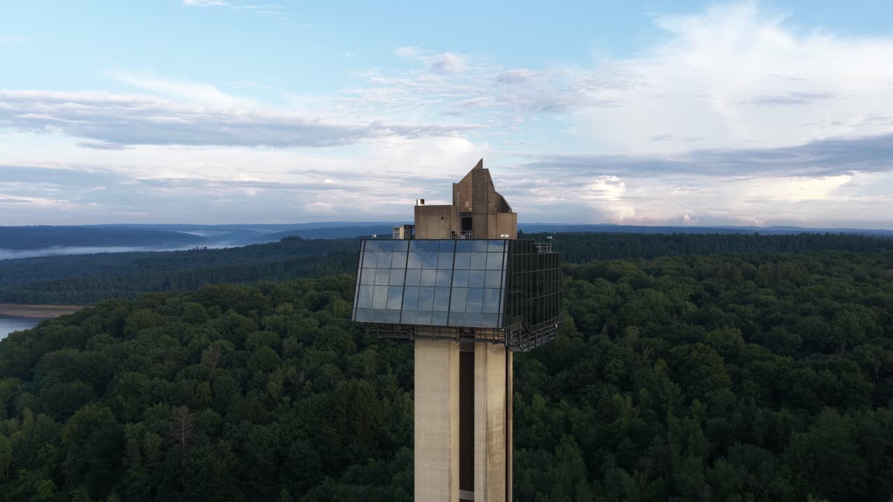 Tower of the Gileppe panoramic height, glass architecture, viewpoint, stunning view over Lac du Barrage and nature. Aerial view