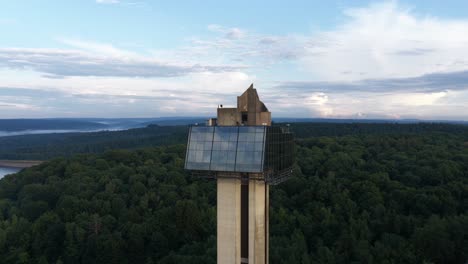 tower of the gileppe panoramic height, glass architecture, viewpoint, stunning view over lac du barrage and nature. aerial view