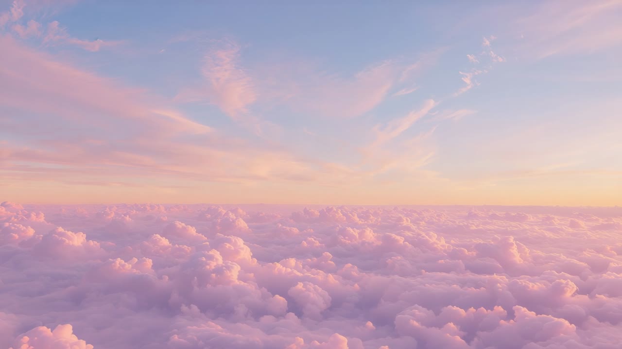 Sunrise-triggered drone drifting over pink cumulus clouds, capturing subtle color shift in sky