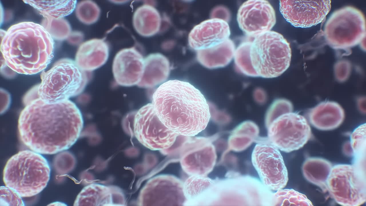 Floating Human Lymphocytes In Motion, Cinematic D Microscopic Scene With Glowing Membranes, Soft Blue And Pink