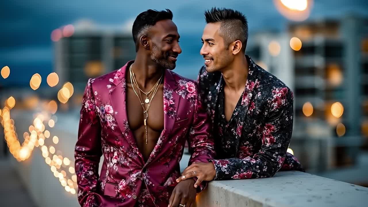 Two men in floral suits sitting on a ledge looking at each other