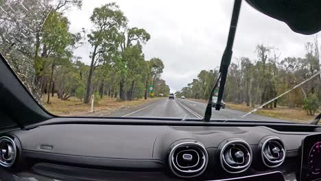 a car journey along great ocean road, showcasing lush greenery and overcast skies, captured from inside a vehicle