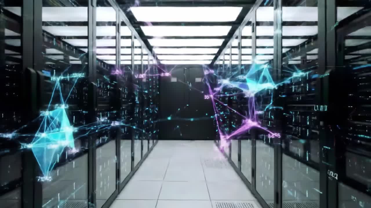 Experience the intricate design of a modern data center. This setup showcases powerful servers and dynamic network visuals representing data flow and connectivity.