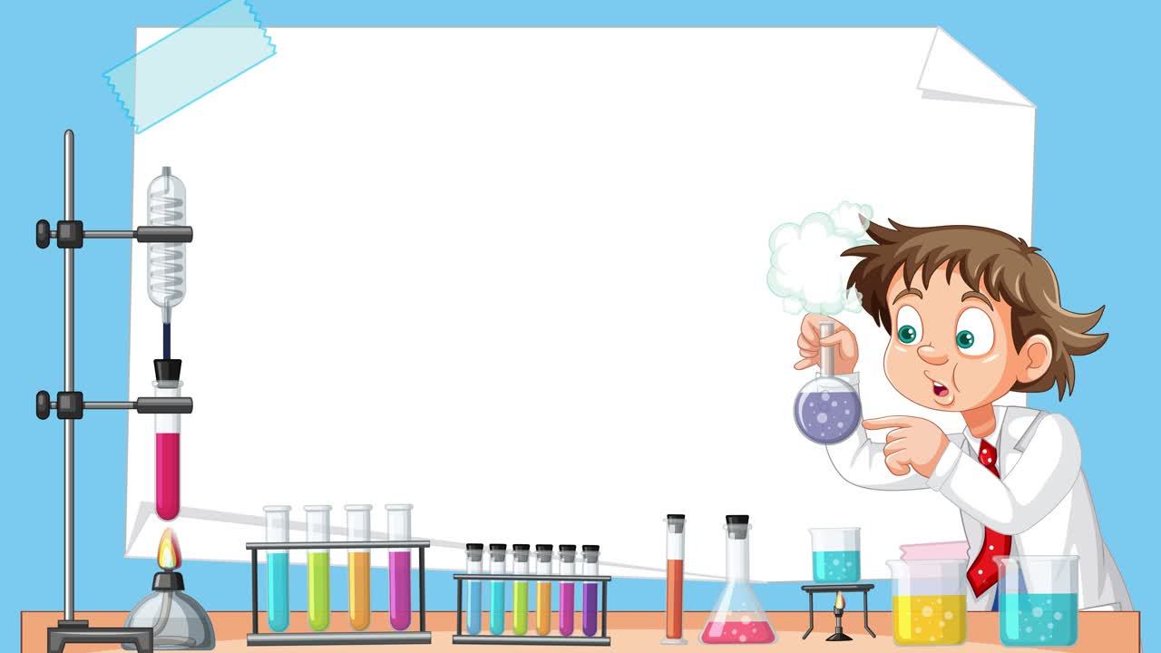 A cartoon boy in a lab coat conducts a chemistry experiment, mixing colorful liquids in glassware on a laboratory table, with animated smoke effects and a blank whiteboard background